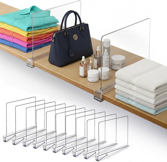 10 Pack Acrylic Shelf Dividers for Closet 11x7.9 Inch – Acrylic Dividers for Shelves Clear Closet Shelf Separators for Purses, Clothes Storage – Vertical Bookshelf Dividers for Bedroom & Kitchen