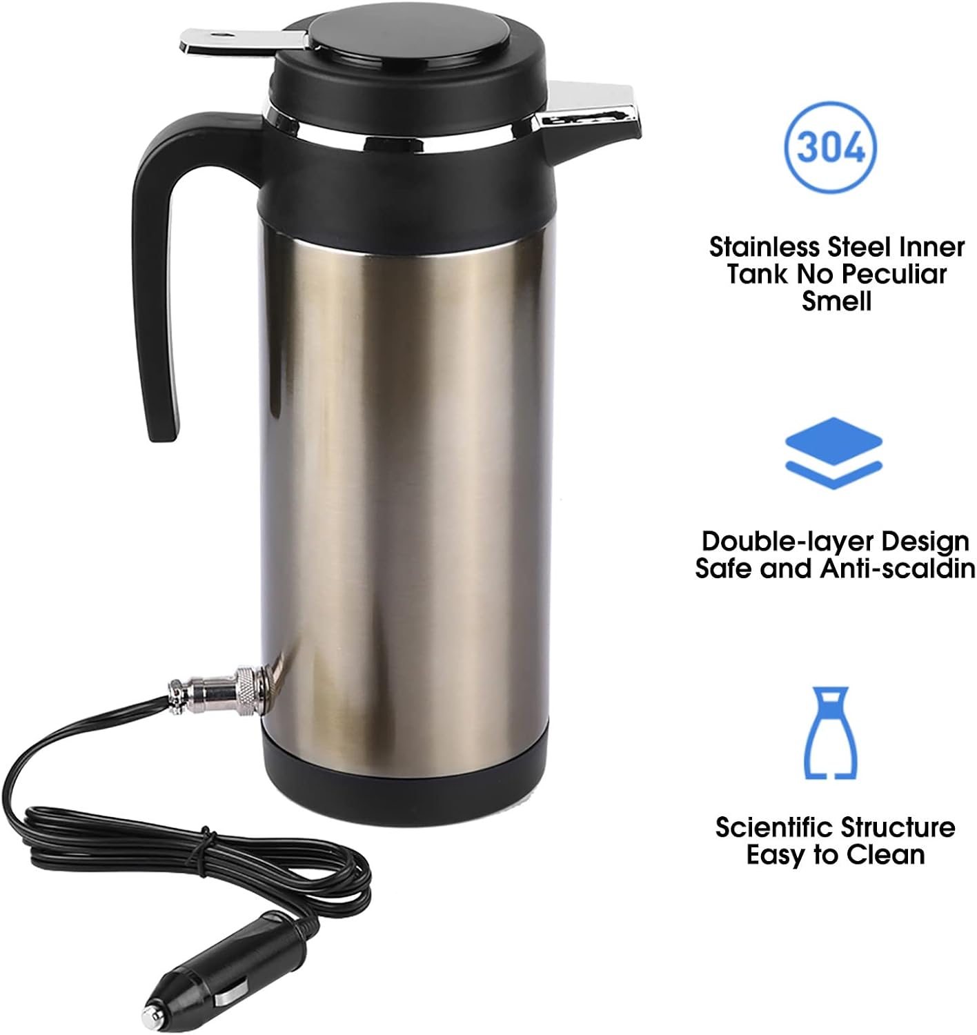 Acouto 12V Car Electric Kettle 1000ML Stainless Steel Car Electric In-car Kettle Travel Thermoses Heating Water Bottle Heating Cup