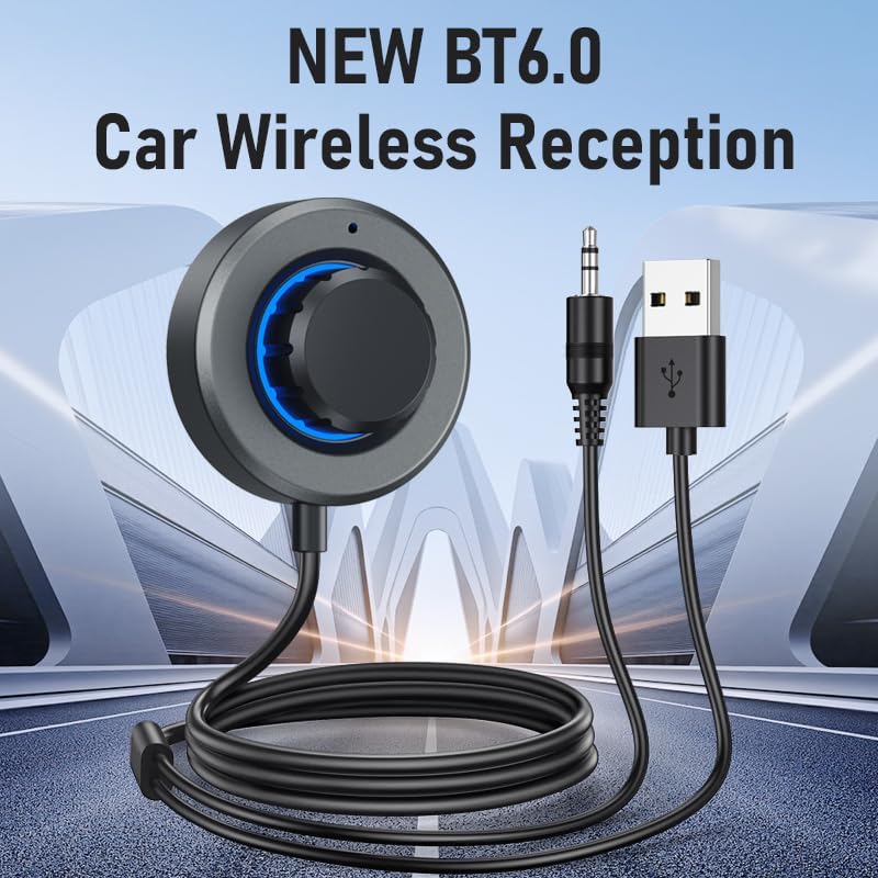Wireless 6.0 Audio Receiver for Car, [CVC 8.0 Noise Cancelling] Auxiliary Wireless Adapter with Volume Control Knob & RGB Backlight, 3.5mm AUX Wireless Music Adapter for Hands-free Calls & Home Stereo