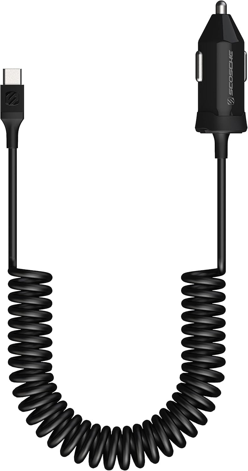Scosche CPDC203 PowerVolt 20-Watt USB Type-C Power Delivery 3.0 Fast Car Charger with Attached 3-Foot Adjustable Coiled Cable for All USB-C Devices