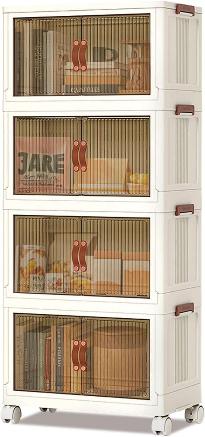 4 Tiers Foldable Storage Bins, 72QT Per Stackable Plastic Storage Bins With Magnetic Double Door and Smooth Wheels Stackable Storage Containers for Snacks, Books