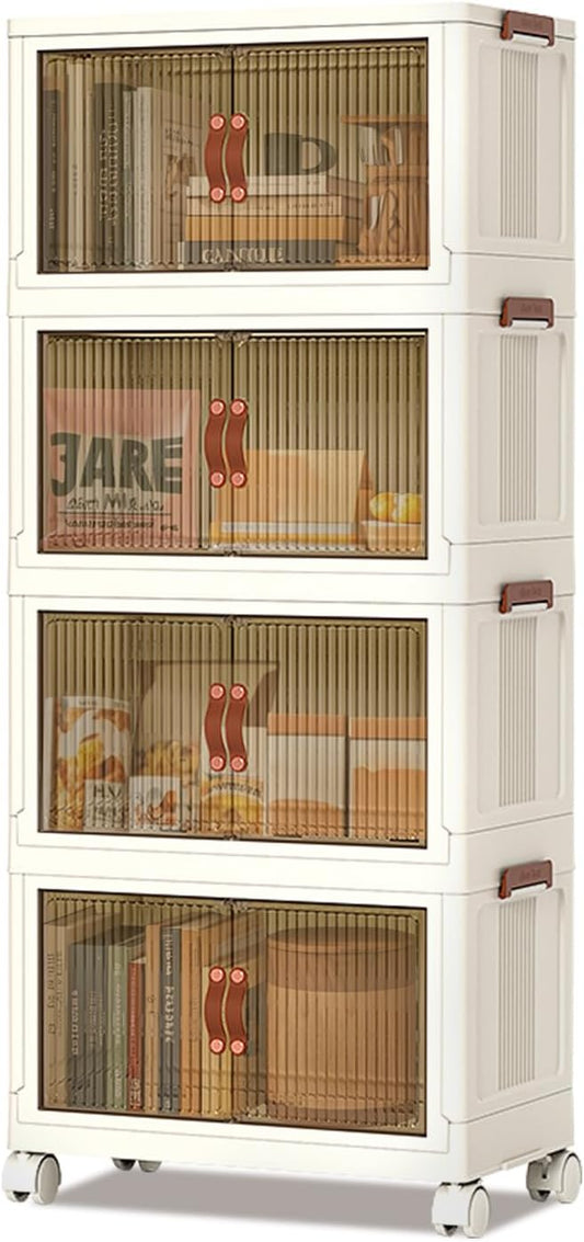 4 Tiers Foldable Storage Bins, 72QT Per Stackable Plastic Storage Bins With Magnetic Double Door and Smooth Wheels Stackable Storage Containers for Snacks, Books