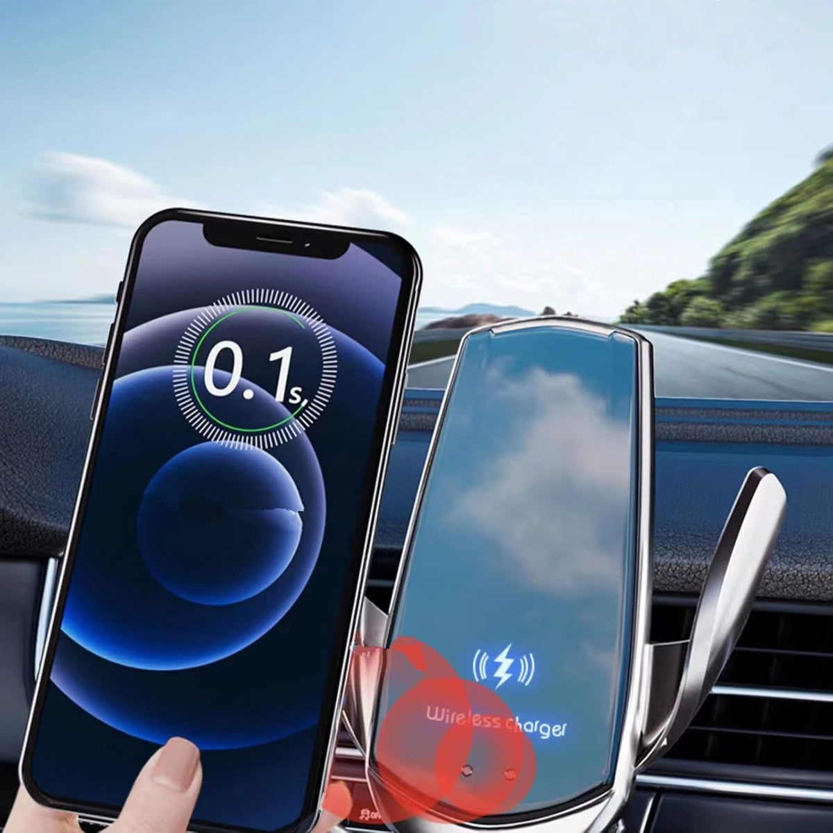 Wireless Car Charger Automotive Electric Induction 15W Wireless Charger Car Vent Mount Bracket Fast Charging Auto-Clamping Car Phone Holder Mount Air Vent Phone Holder Silver…