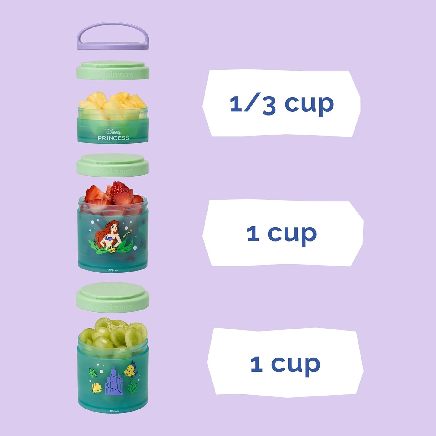Whiskware Disney Princess Stackable Snack Containers for Kids, 3 Stackable Snack Cups for School and Travel, Ariel and Flounder