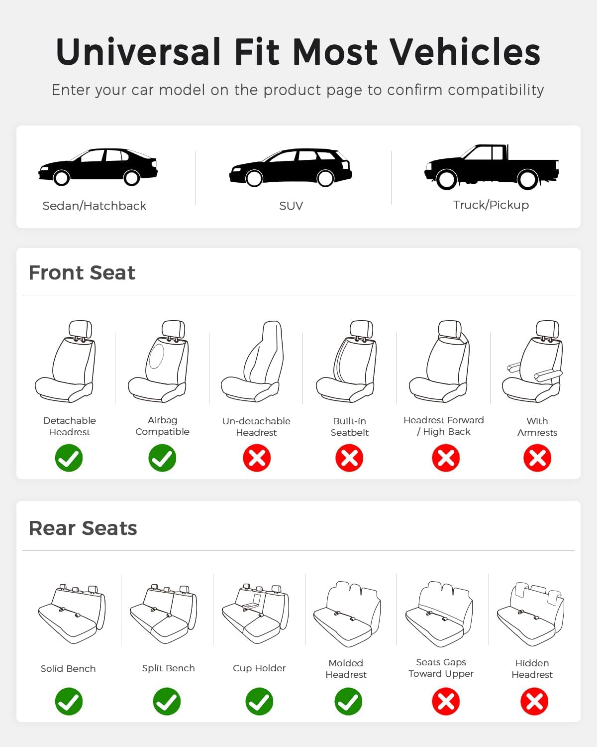 Huidasource Gray Back Seat Covers, Nappa Leather Rear Seat Covers with Ventilation Holes, Velcro Adjustable, Compatible with Seat belts, Child Safety Seats, Universal Fit for Most Cars SUV Trucks Gray