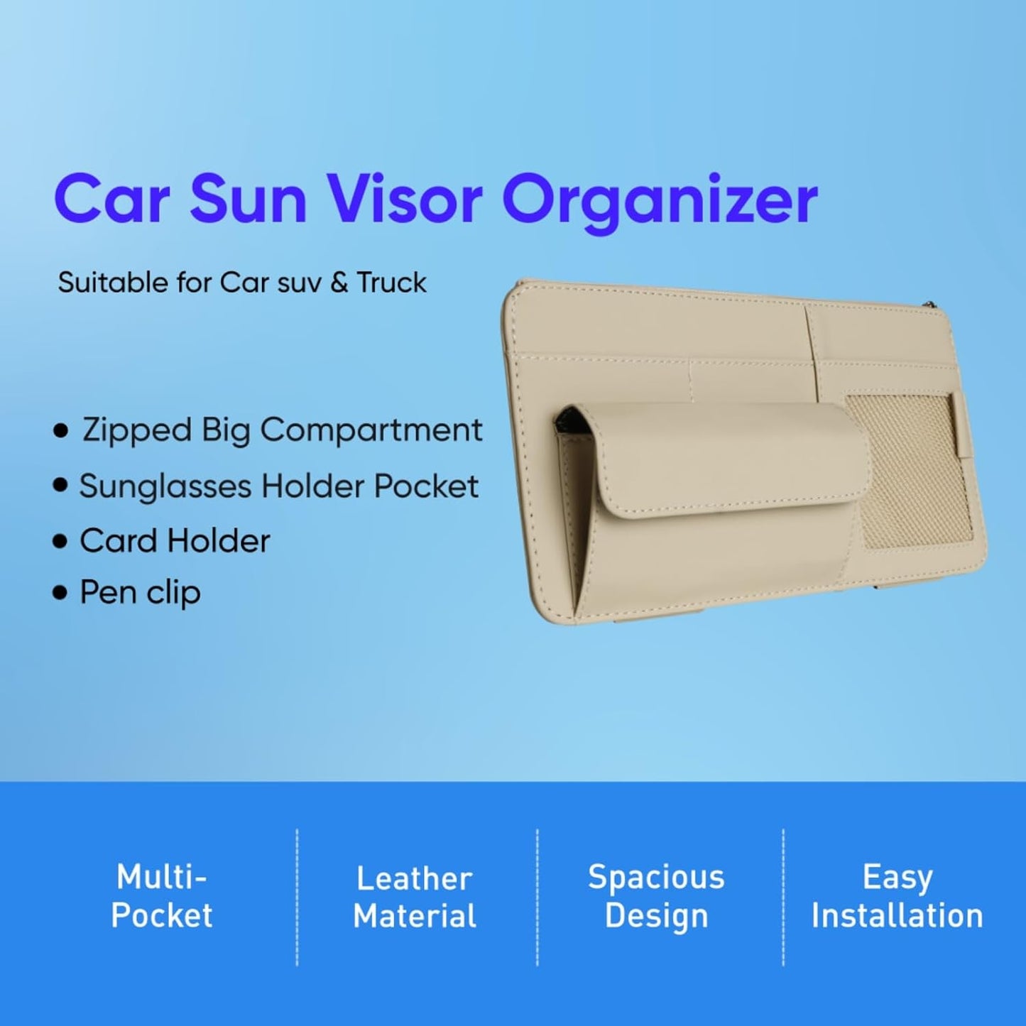 Car Visor Organizer, Multi-Pocket Sunvisor Storage with Sunglass Holder, Document Holder and Visor Card Clip, Fit for AUTO SUV & Truck, Leather Car Accessories Interior (Pink)