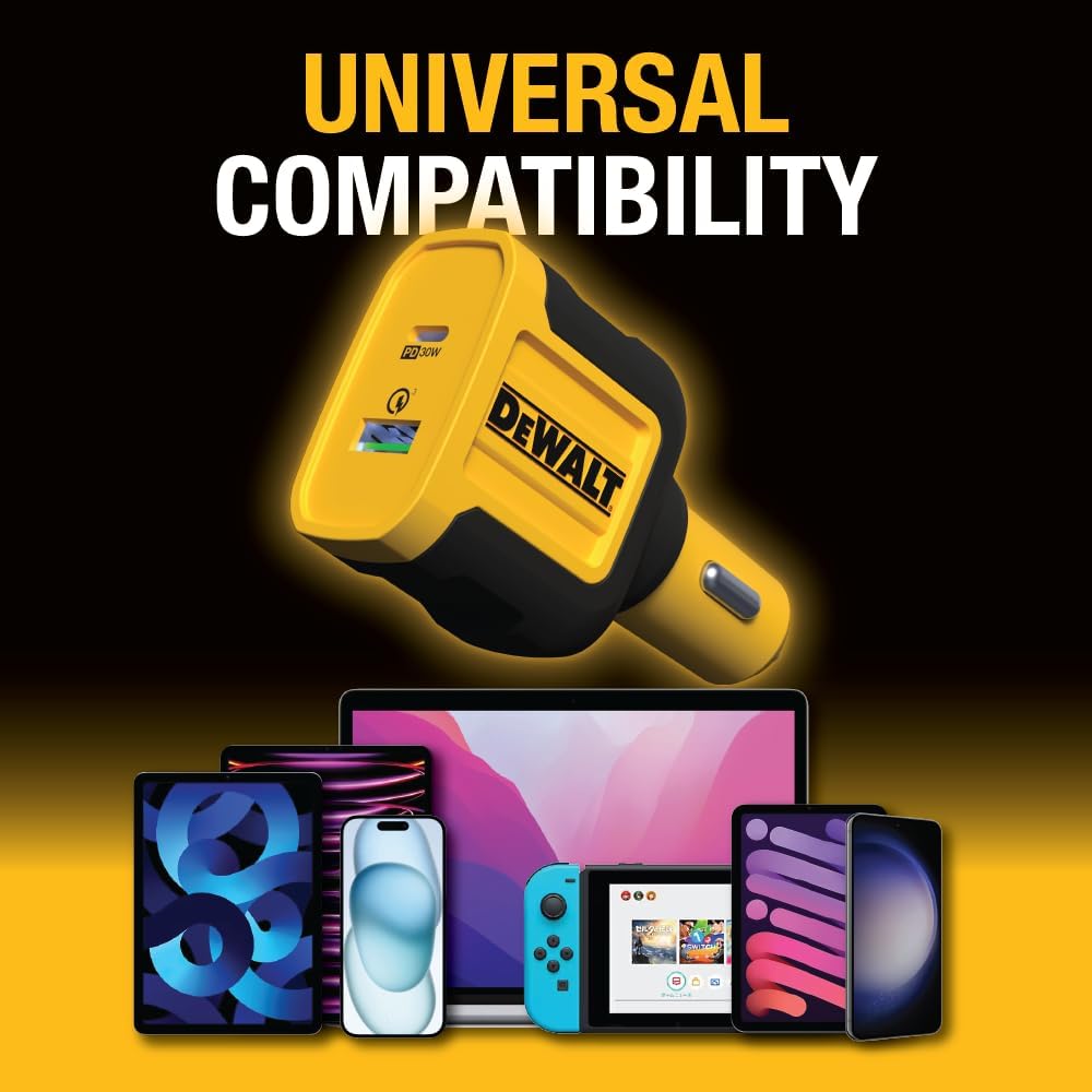 DEWALT Heavy Duty USB + USB C Car Charger Adapter, 49.5W Cigarette Lighter