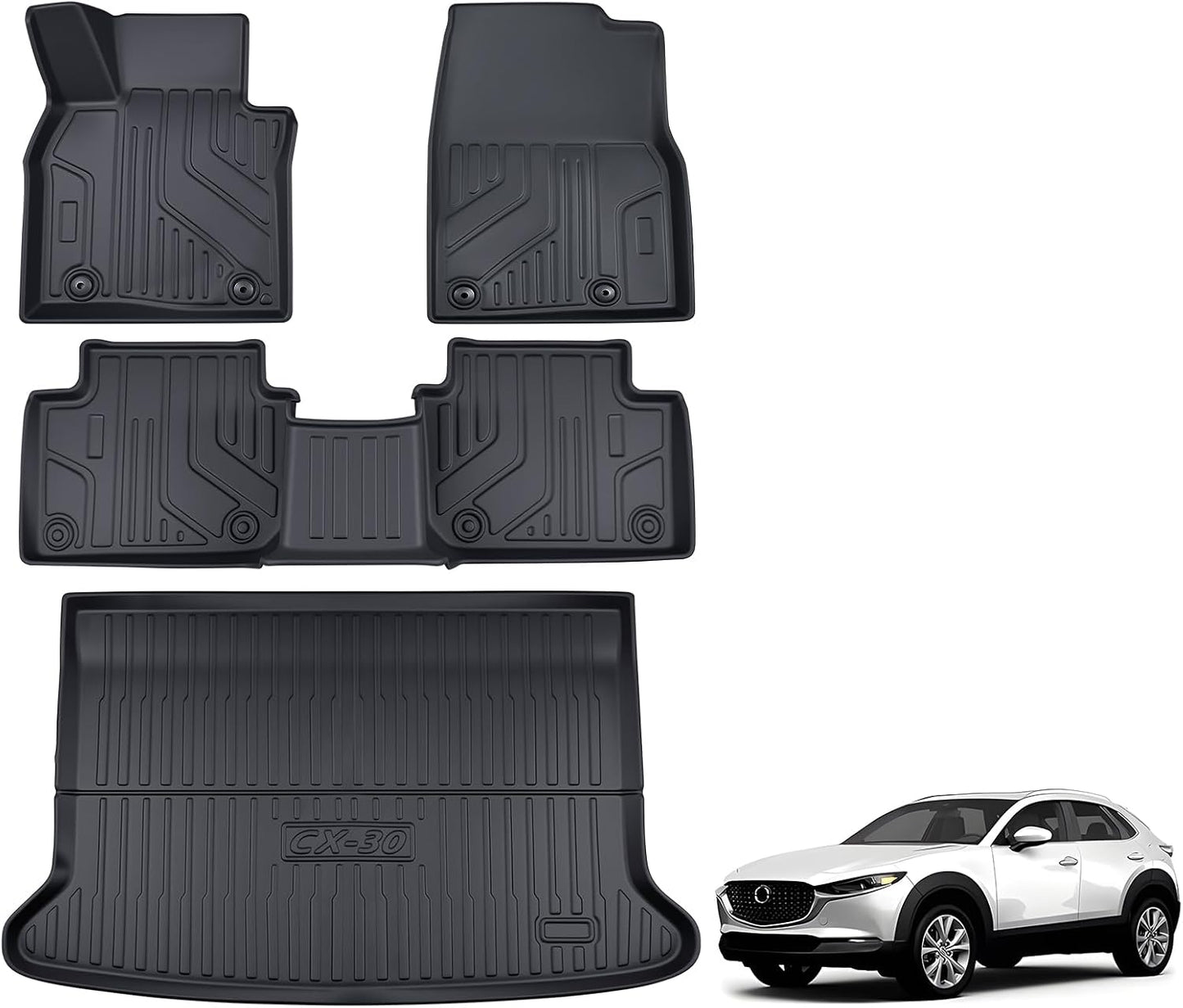 TPE Floor Mats & Cargo Liner for Mazda CX-30 2020-2026 All-Weather Protection | Full Coverage | Odorless Car Mats & Trunk Tray Custom Fit Set Accessories - Black