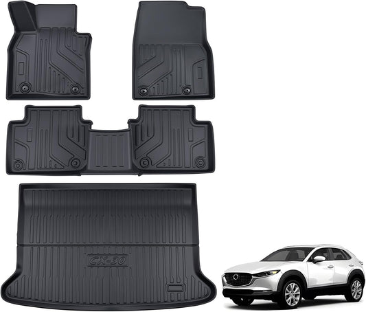 TPE Floor Mats & Cargo Liner for Mazda CX-30 2020-2026 All-Weather Protection | Full Coverage | Odorless Car Mats & Trunk Tray Custom Fit Set Accessories - Black