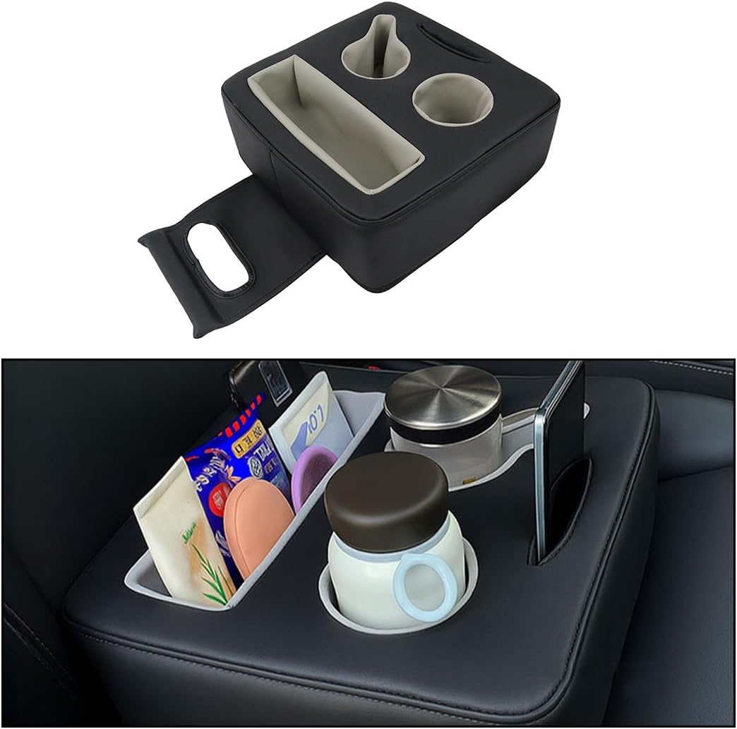 Car Back Seat Cup Holder, Leather Non-Slip Vehicle Rear Seat Drinks Tray Storage Organizer, Automotive Backseat Cup Holder Tray Expander, Universal for SUV Automobile Truck