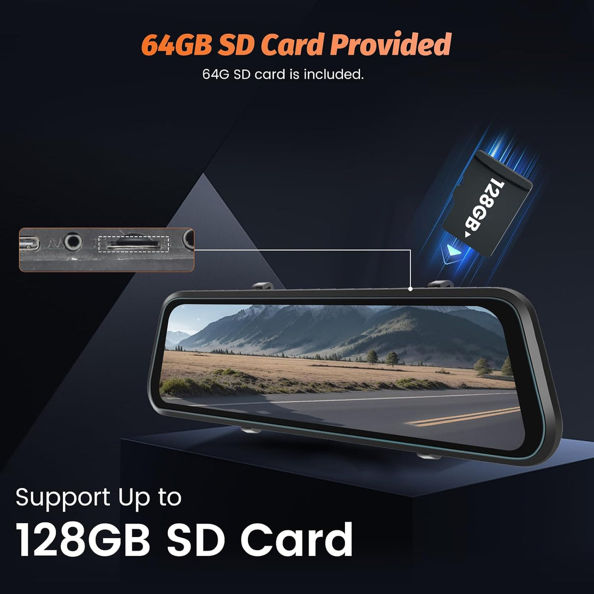 12" 4K Touch Screen Mirror Dash Cam, Front 4K+Rear 1080P