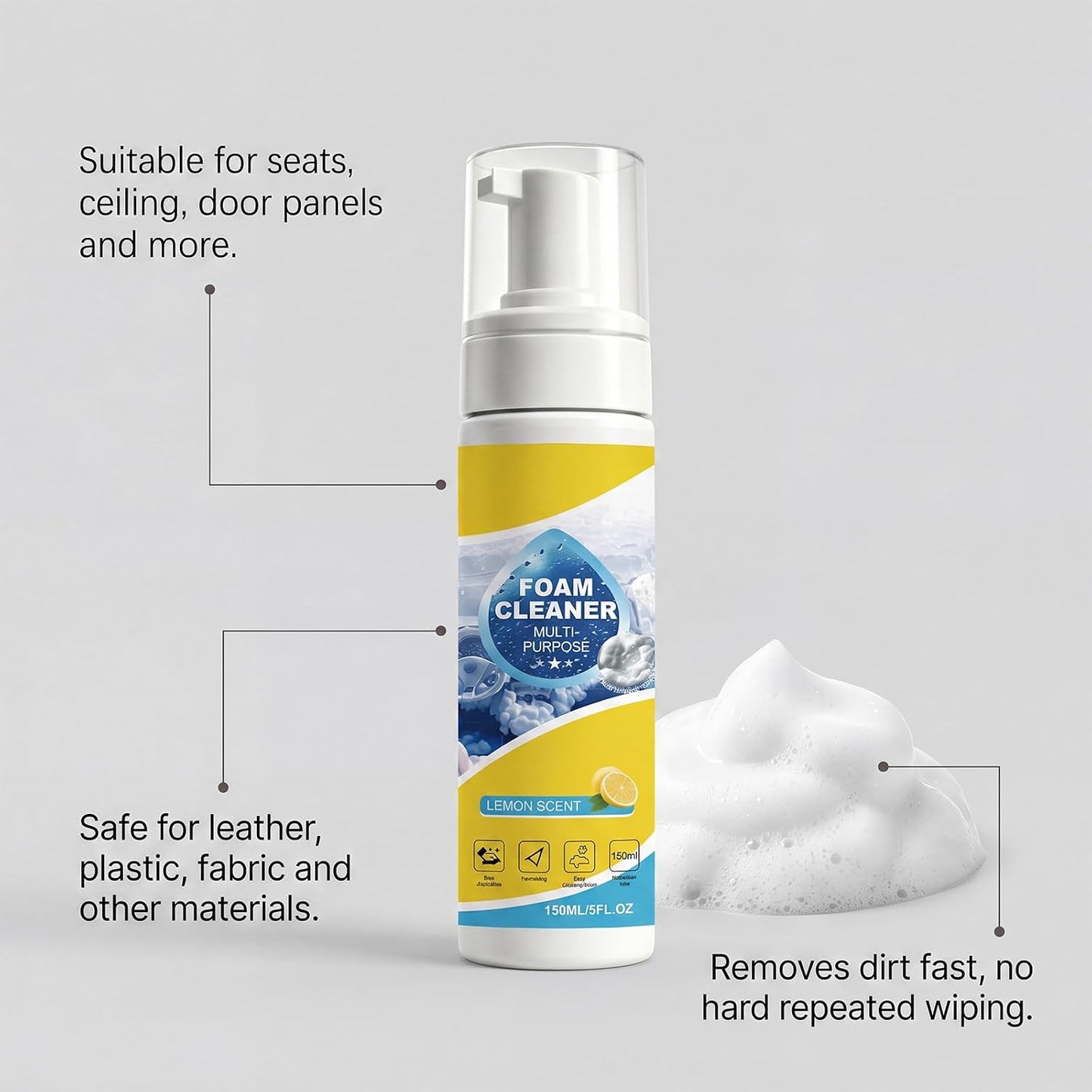 Car Interior Cleaner Foam Kit with Sponge & Towel, Multi Purpose Foam Cleaner for Leather, Fabric, Plastic & Upholstery, Deep Cleaning Car Dashboard Seats Carpet Headliner, Lemon Fresh Scent