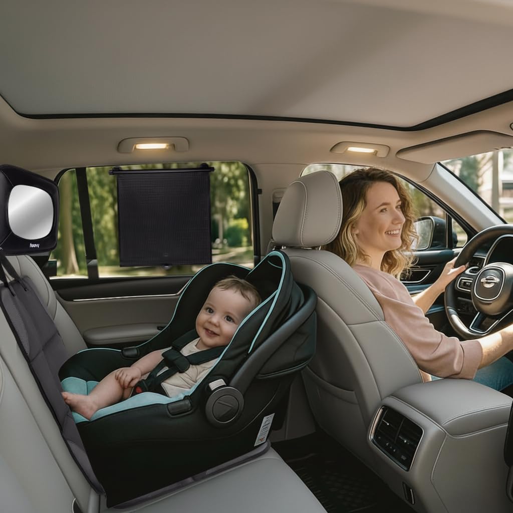 Hoovy My First Car Ride™ 3-in-1 Baby Car Essentials Bundle, Roller Sun Shades, Rear-Facing Mirror, and Seat Protector