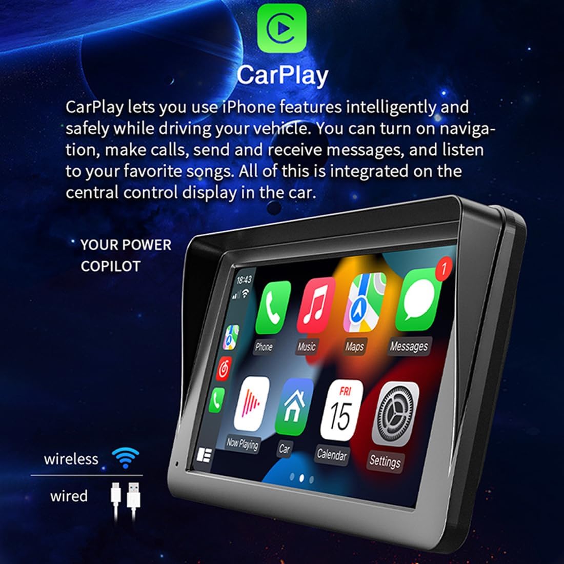Carplay Screen for Car, 7" Wireless Carplay & Android Auto Portable Car Stereo with Mirror Link, GPS Navigation, Voice Control, Bluetooth/AUX/FM Transmitter, Plug & Play Car Play Screen