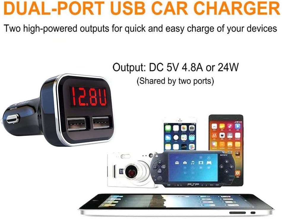 4.8A 24W Dual USB Car Charger Volt Meter Car Battery Monitor with LED Voltage & Amps Display in Red LED, Cigarette Lighter Voltage Meter, Compatible with iPhone 15 Pro Max Samsung Galaxy S24
