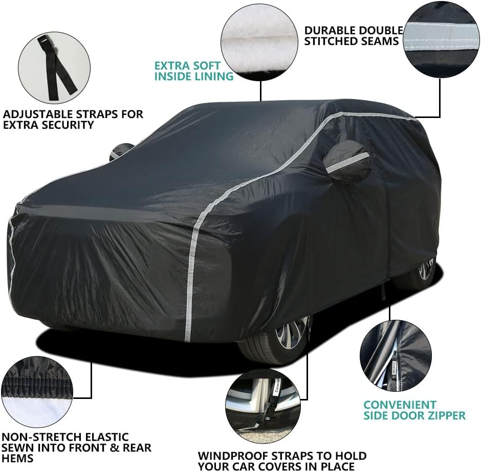 Car Cover Waterproof All Weather SUV - Coverado Black Car Cover UV Protection with Zipper Door, Cotton Backing Snowproof Hail Protection Windproof, Universal Fit for SUV (206"-215")