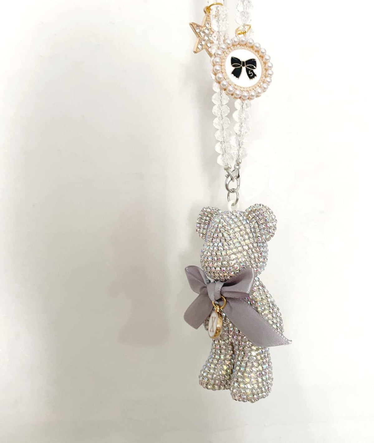 Cute Bling Bear Rear View Mirror Hanging Accessories Sparkle Hanging Ornaments Diamond Bear Charms for Car Mirror (White)