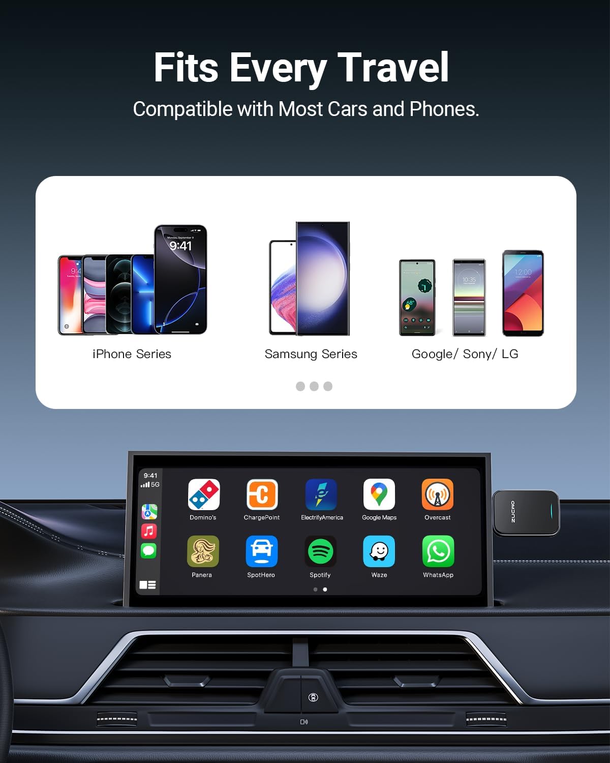 ZUCWO 2-in-1 Mini Wireless CarPlay Adapter for iPhone & Android, Plug and Play, Low Latency, Portable Carplay Adapter Converts Wired to Wireless CarPlay for Car from 2016+