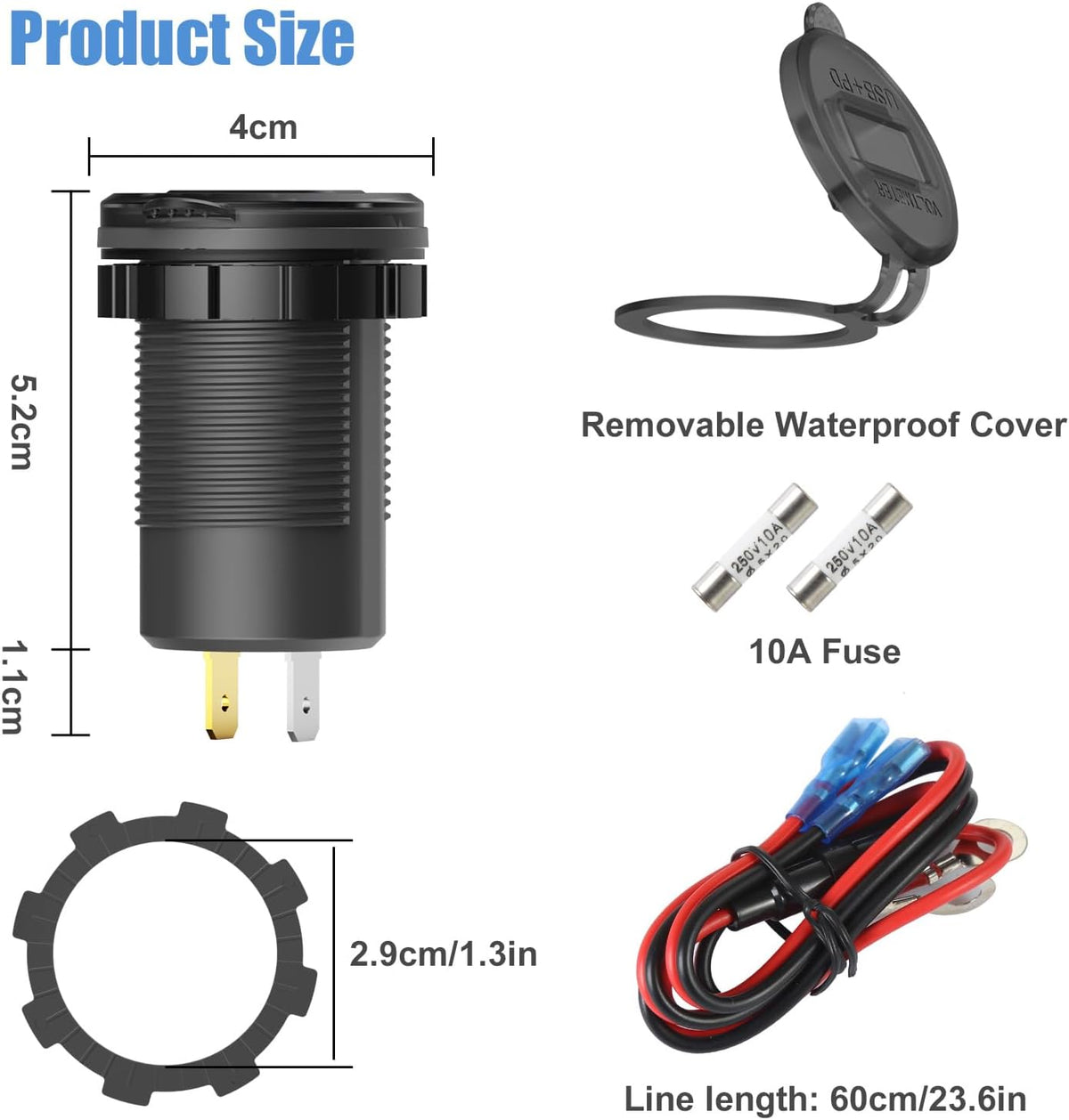 Hapytrip 2 Pack 12 Volt USB Outlet Dual Quick Charge 3.0 Port and PD3.0 USB C Car Battery Chargers Socket, Waterproof 12V Power Outlet Cigarette Lighter Replacement DIY Kit with Voltmeter and Switch