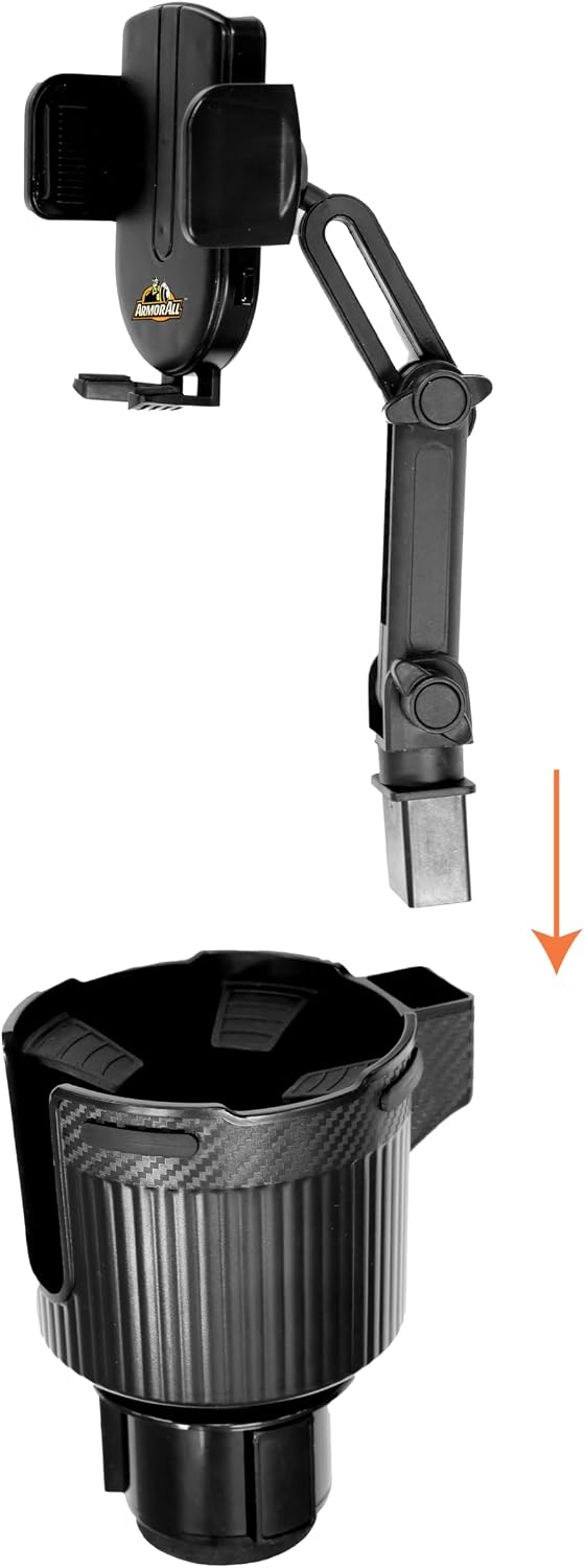 Armor All 2-in-1 Cup Holder Cell Phone Holder, Dual Cellphone Car Mount and Cupholder, XL Cupholder Holds Bottles, 6” in Arm 360° Degree Rotatable, Swivel Phone Mount Fits Most Phones, Expandable Base