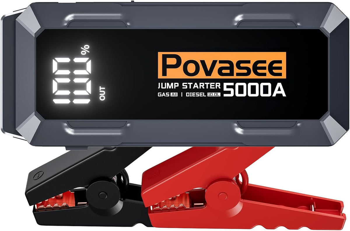 Povasee Car Battery Jump Starter 5000A Jump Box (All Gas/10L Diesel) Portable Car Jump Starter Battery Pack, 12V Jumper Starter Portable 3" LCD Display/Dual Output/LED Light DC