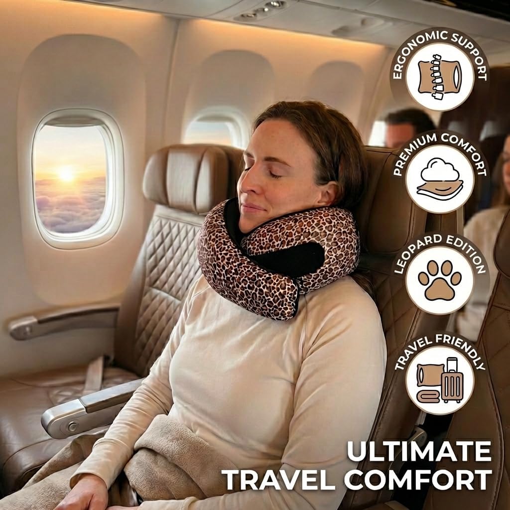 FlyHugz® Neck Travel Pillow Memory Foam Neck Pillow for Comfort on Airplane Compact and Ergonomic Design for Travel, Car Rides, and Home Use Ideal for Adults and Kids. (Leopard Print)