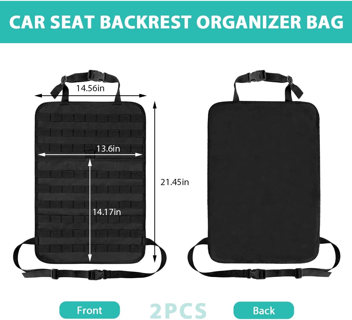 2 PCS Car Seat Back Organizer, Tactical MOLLE Sag Proof Vehicle Panel Backseat Cover Protector, Universal Molle Nylon Storage Bag Seat Back Hanger Pad for Car Truck SUV Pickup (Black)