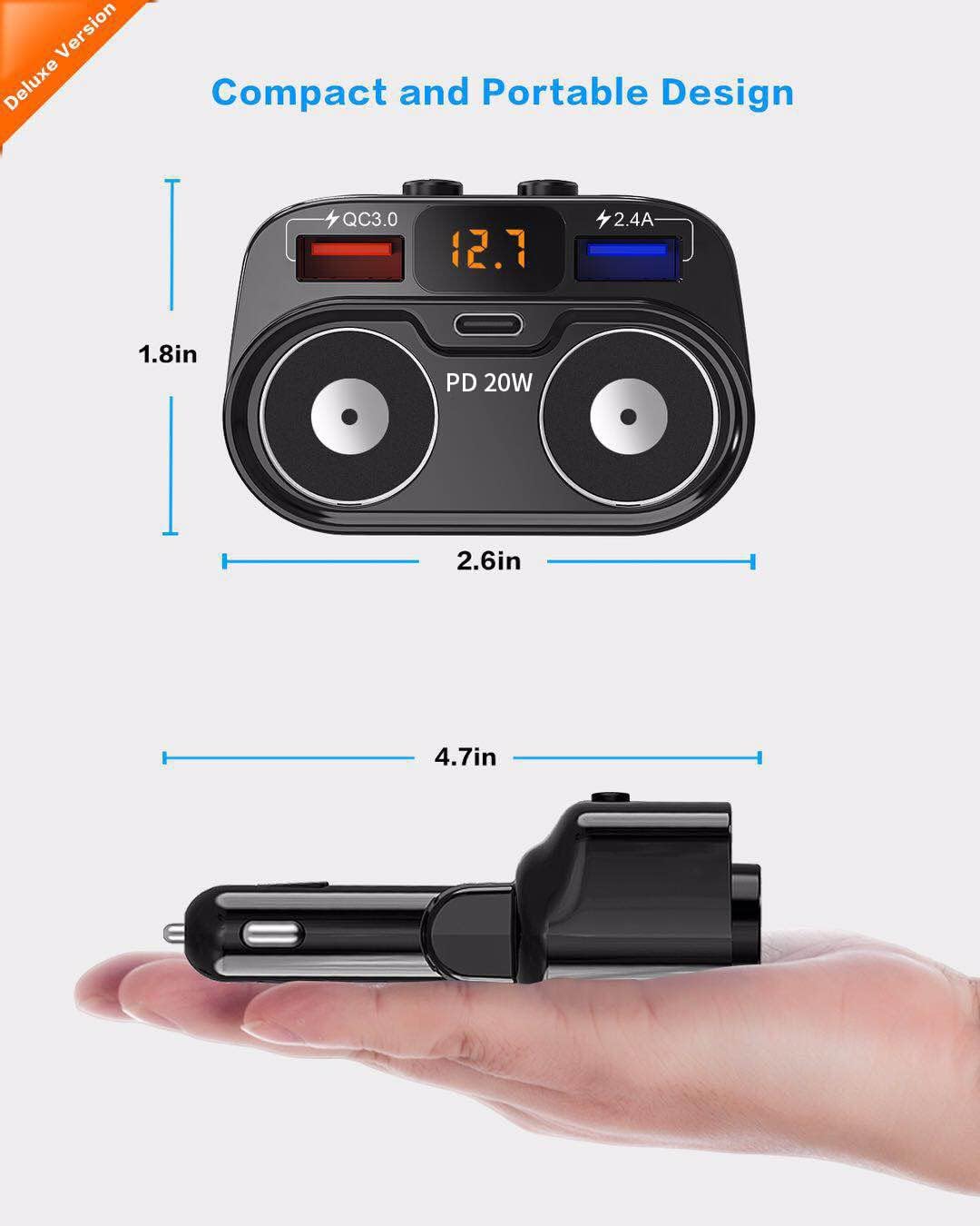 SUPERONE 200W 2-Socket Cigarette Lighter Splitter Power Adapter, 20W PD/QC