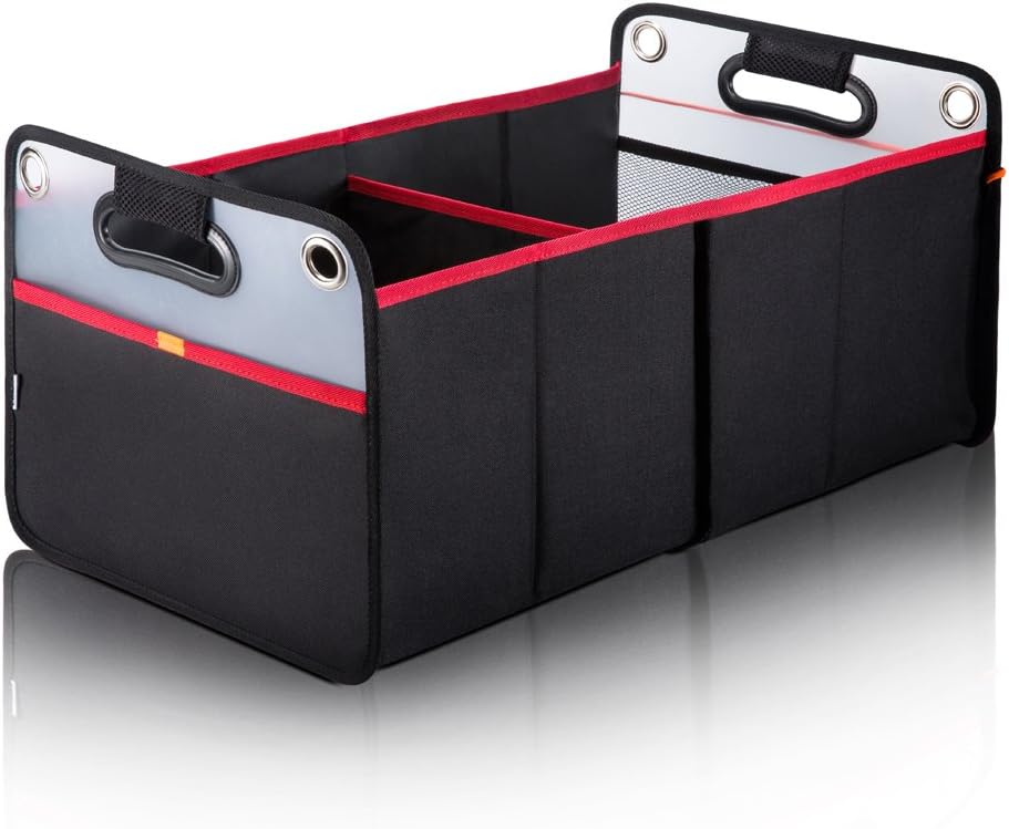 Car Trunk Organizer, Collapsible Auto Trunk Organizer Storage, Portable Grocery Cargo Container with Two Large Compartments for SUV, Vehicle, Truck, Home and Office