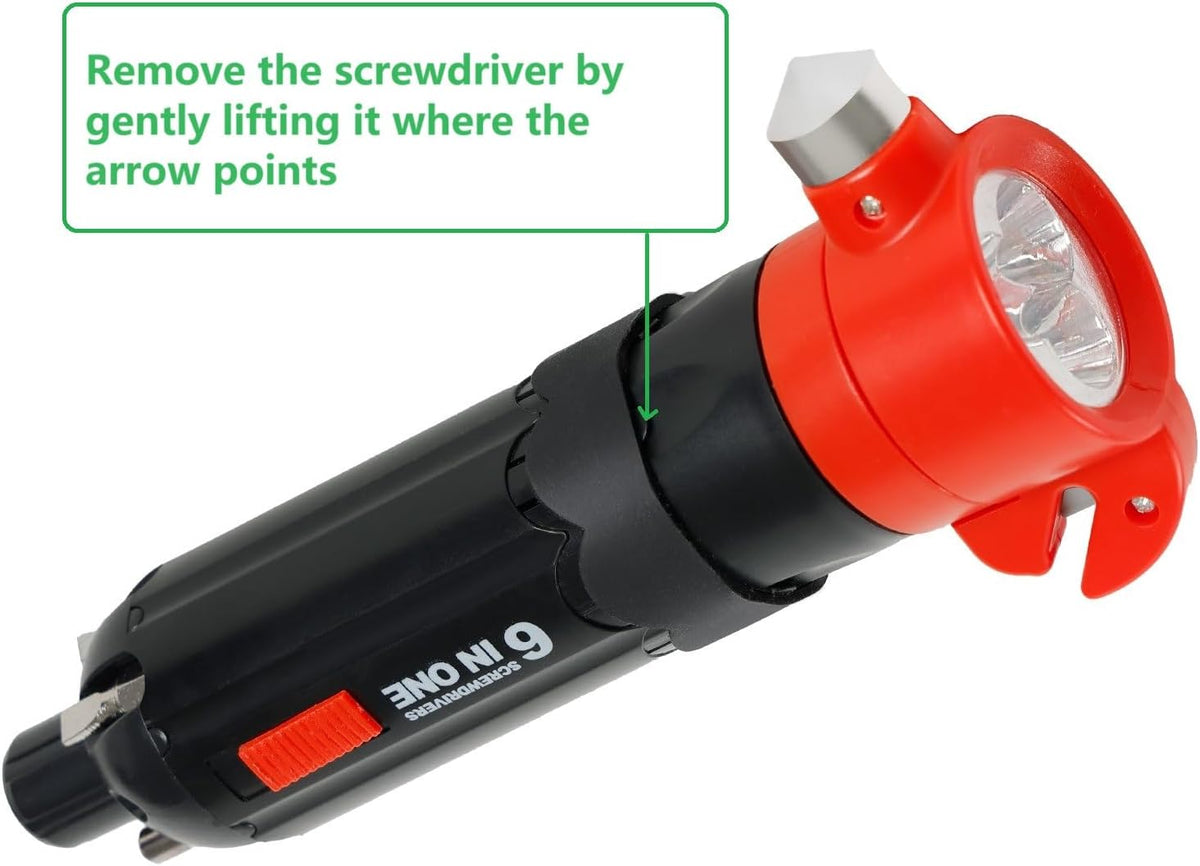 6-in-1 car Safety Hammer Escape Tool, Includes seat Belt Cutter, Window Breaker, 5 Types of Screwdrivers, Retractable Magnetic bar and Emergency Light Function (Dry Batteries not Included)