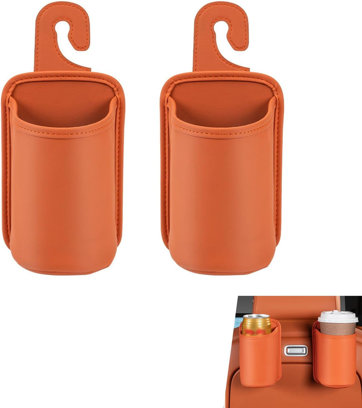 2 PCS Car Seat Back Headrest Cup Holders, Leather Large Capacity Organizer for Cup & Phone & Trash, Anti-spill Multi-functional Hanging Storage Bag, for Cars SUVs Trucks (Orange)