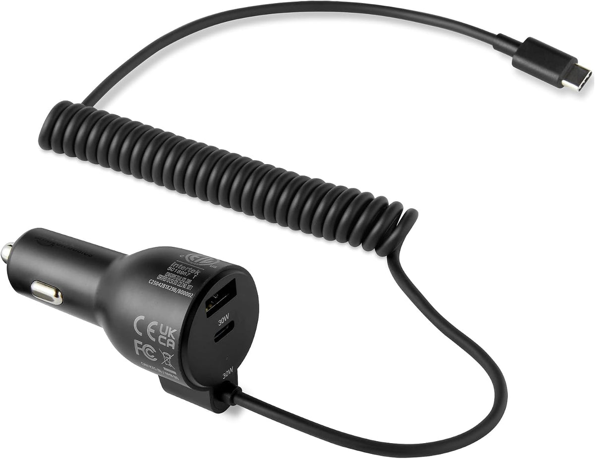 Amazon Basics USB-C Car Charger, 60W Fast Charging Automobile Cell Phone Adapter, Triple-Port (30W USB-C +30W Coiled USB-C Cable +18W USB-A), Compatible With iPhone, Samsung, iPad & MacBook Air, Black
