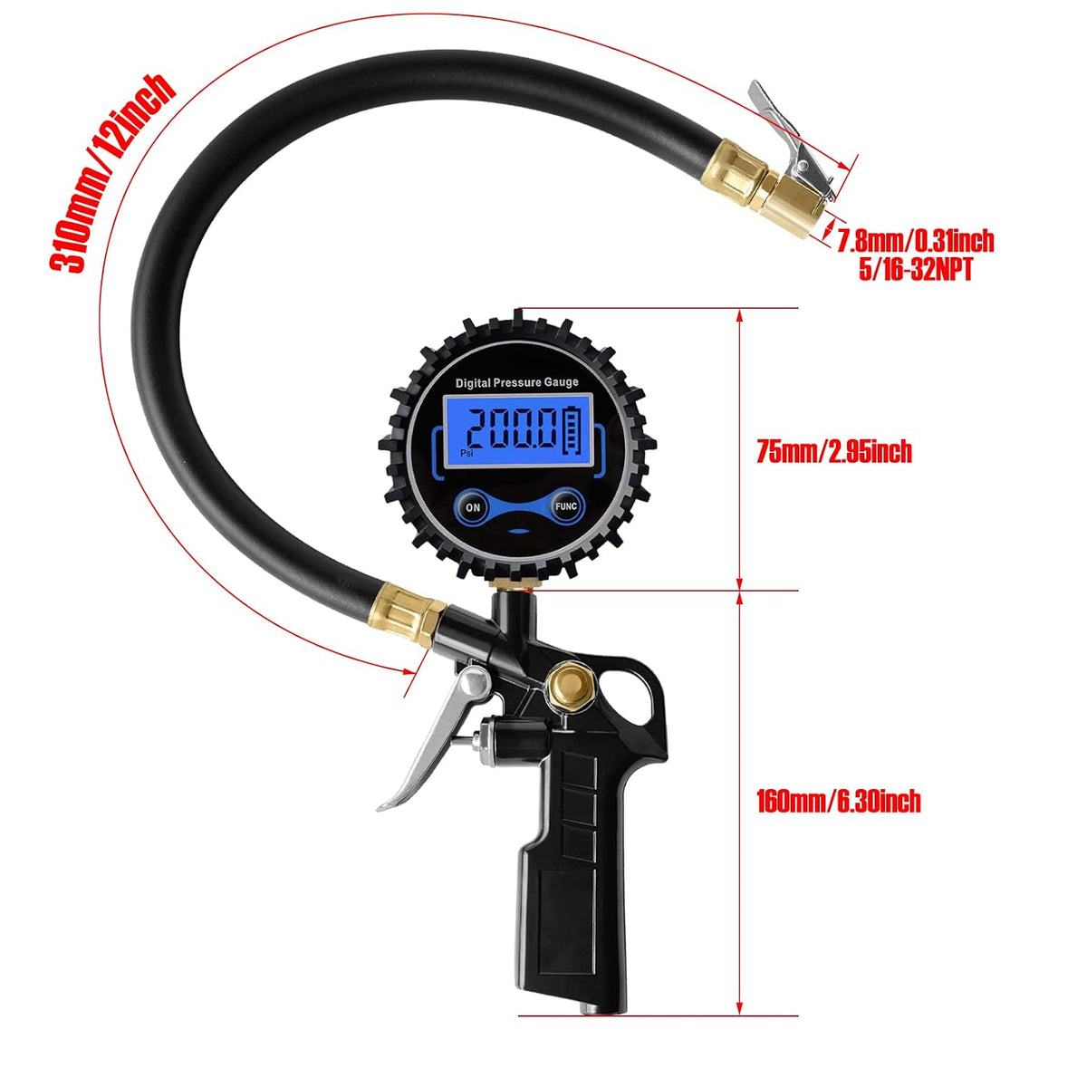 200 PSI Digital Tire Pressure Gauge with Inflator,Air Chuck Quick Connect Coupler,Standard Schrader 7.8mm 5/16-32NPT Valve,Car Accessories for SUV, Truck, RV (15, Gold)