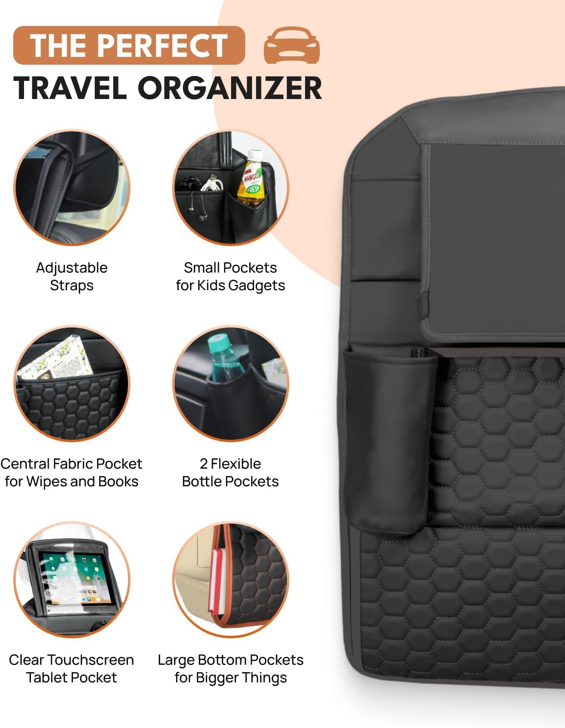 Owleys Back Seat Organizer for Kids with Seat Protector, Black Set