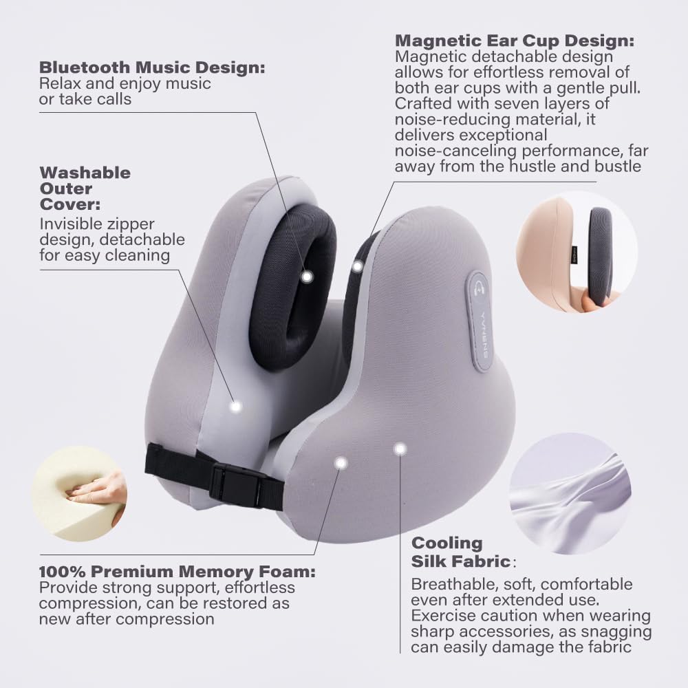 Neck Travel Pillows for Airplanes with Bluetooth, Premium Memory Foam Neck Pillow, Noise Reducing Travel Pillow for Long Flight, Office, Cars, Home, Sleeping and Rest, Gray