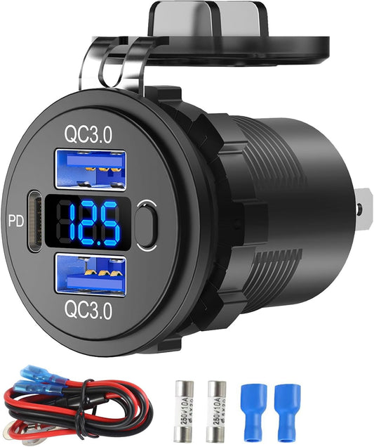 12V USB C Outlet Marine USB Charging Port for Car, Dual Quick Charge 3.0 & PD 3.0 Car Charger Socket with Button Switch and Voltmeter, Cigarette Lighter Replacement DIY Kit for 12V/24V Vehicles