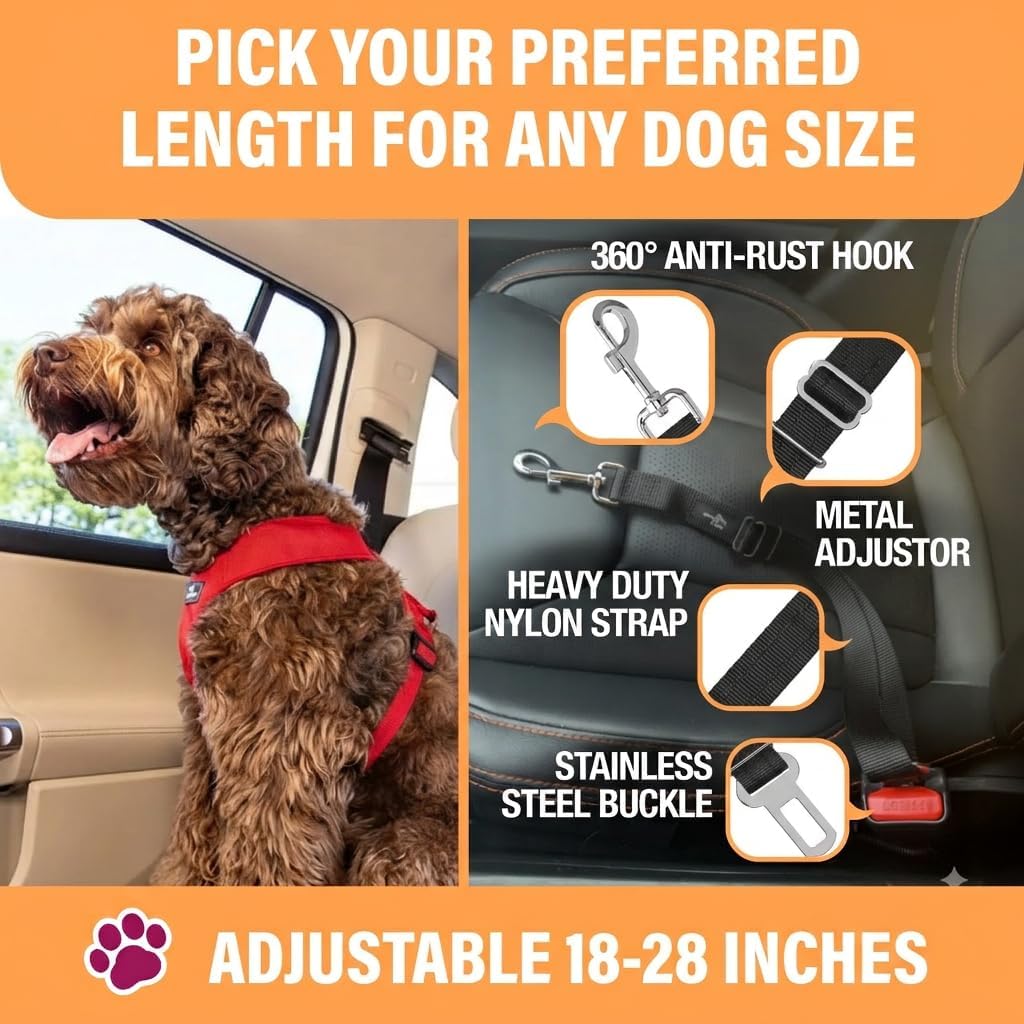 Active Pets Black Car Seat Belt for Dogs, Attaches to Harness & Collar, Adjustable 18" - 24" Travel Restraint System Fits Small - Large Pups for Safety & Comfort, Essential Pet Supplies & Accessories