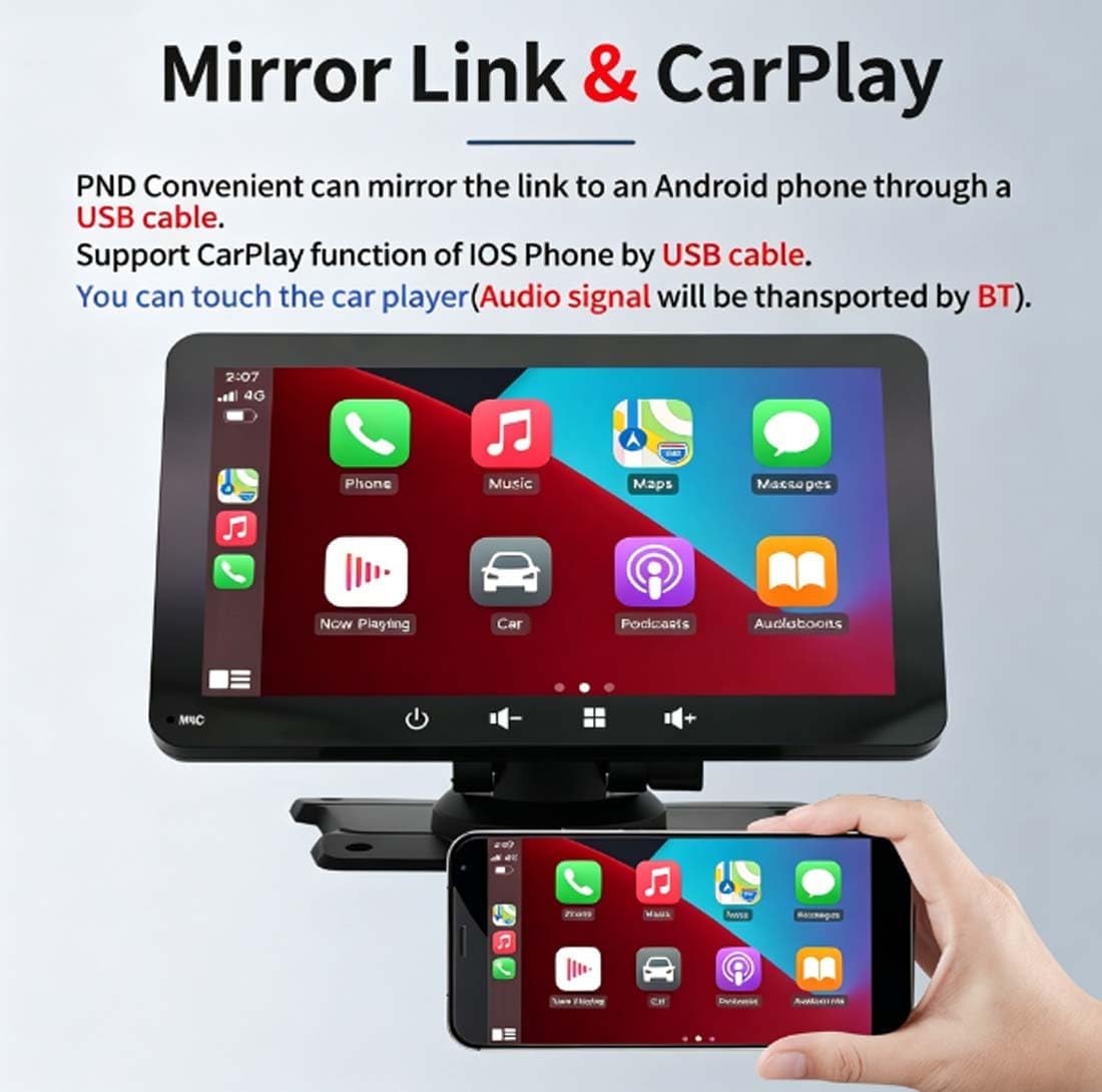 7-inch Wireless CarPlay Screen – Supports Apple CarPlay/Android Auto in-car Touchscreen with Bluetooth Hands-Free AUX FM Transmitter USB and TF Card Slots Plug-and-Play for saloons Lorries and SUVs