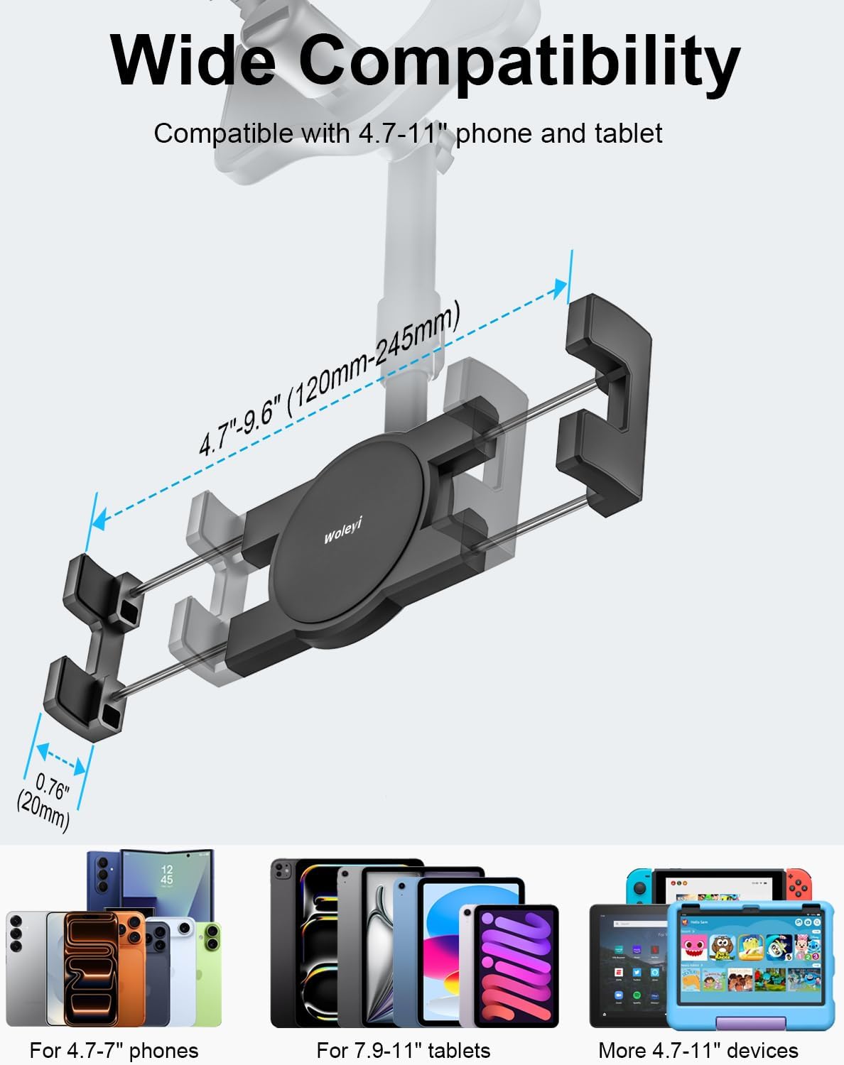 Rearview Mirror Tablet Holder for Car, Rear View Mirror Car Tablet Mount, 360° Rotatable Adjustable Universal Clip, for iPad Pro Air Mini, Galaxy Tabs, Z Fold, Fire HD, iPhone, 4.7-11" Devices