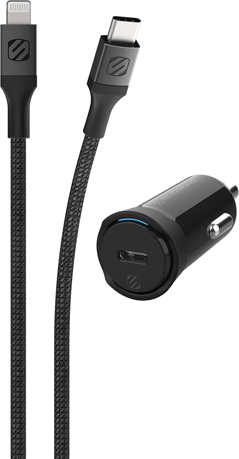 Scosche CPDC203 PowerVolt 20-Watt USB Type-C Power Delivery 3.0 Fast Car Charger with Attached 3-Foot Adjustable Coiled Cable for All USB-C Devices