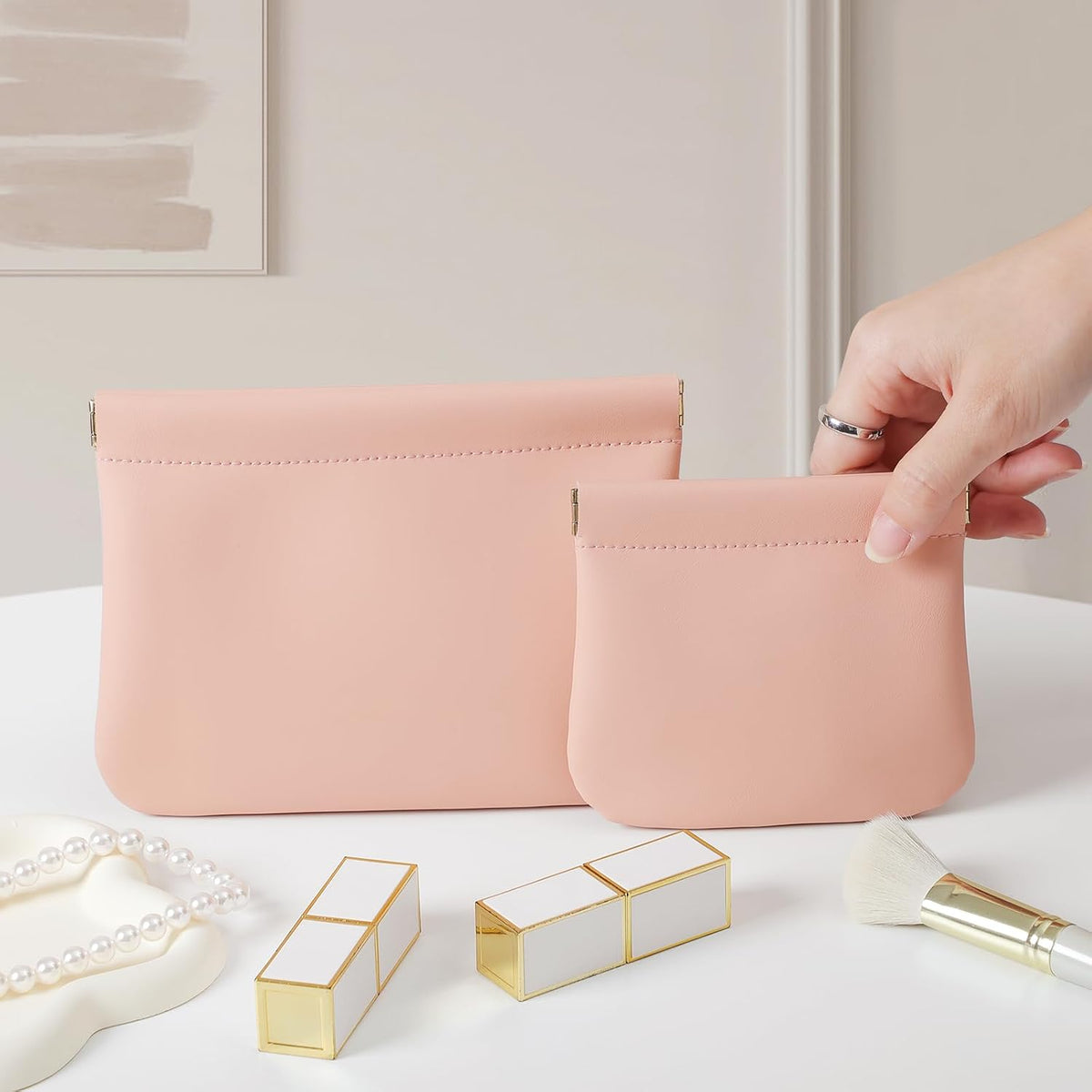 2 Pack Small Makeup Bag for Purse, Cosmetic Travel Pouch, Pink