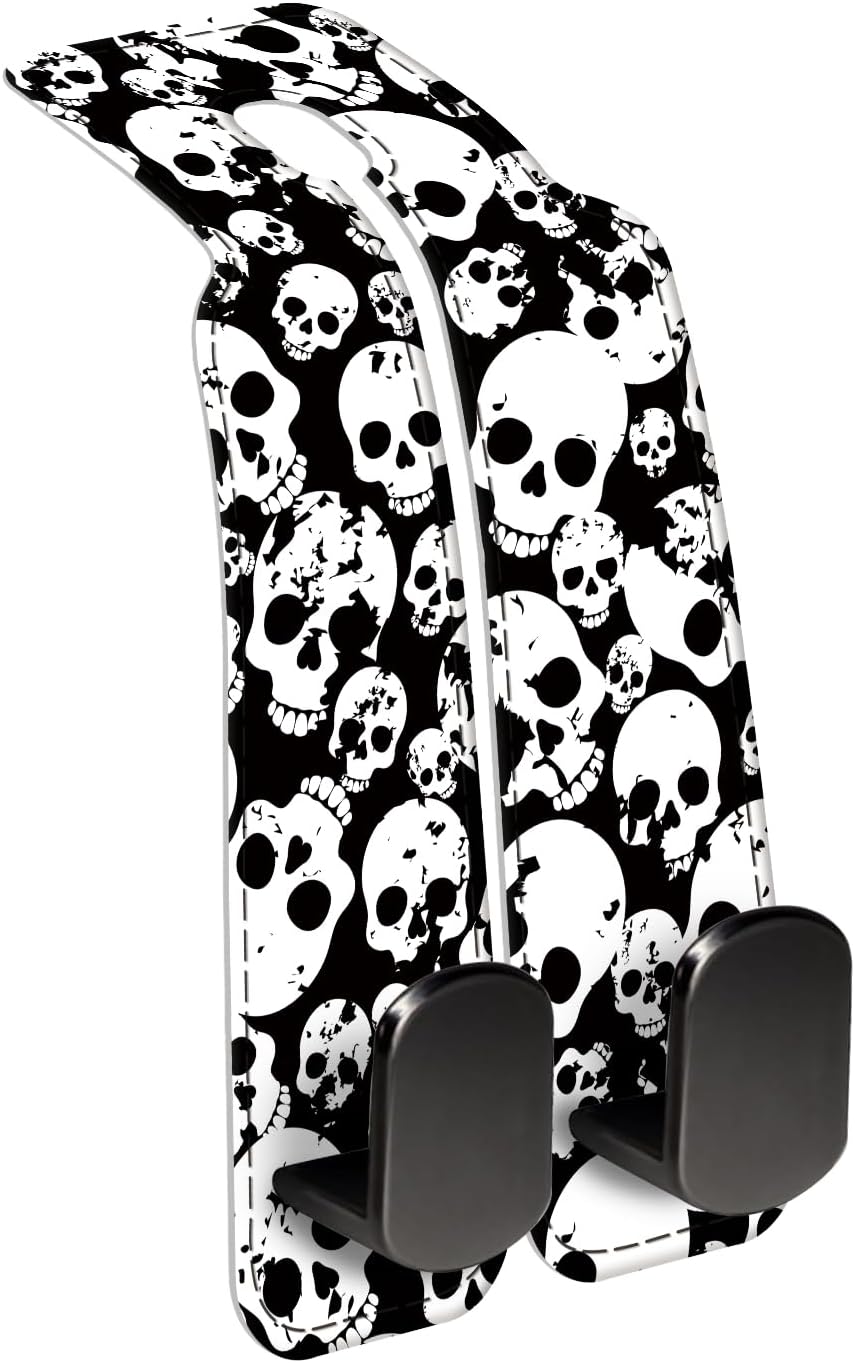 Car Seat Back Storage Headrest Hook, Premium Leather Double Metal Hook, Hanger Storage Organizer for Purse Cloth Bag, Car Interior Accessories Black White Skulls