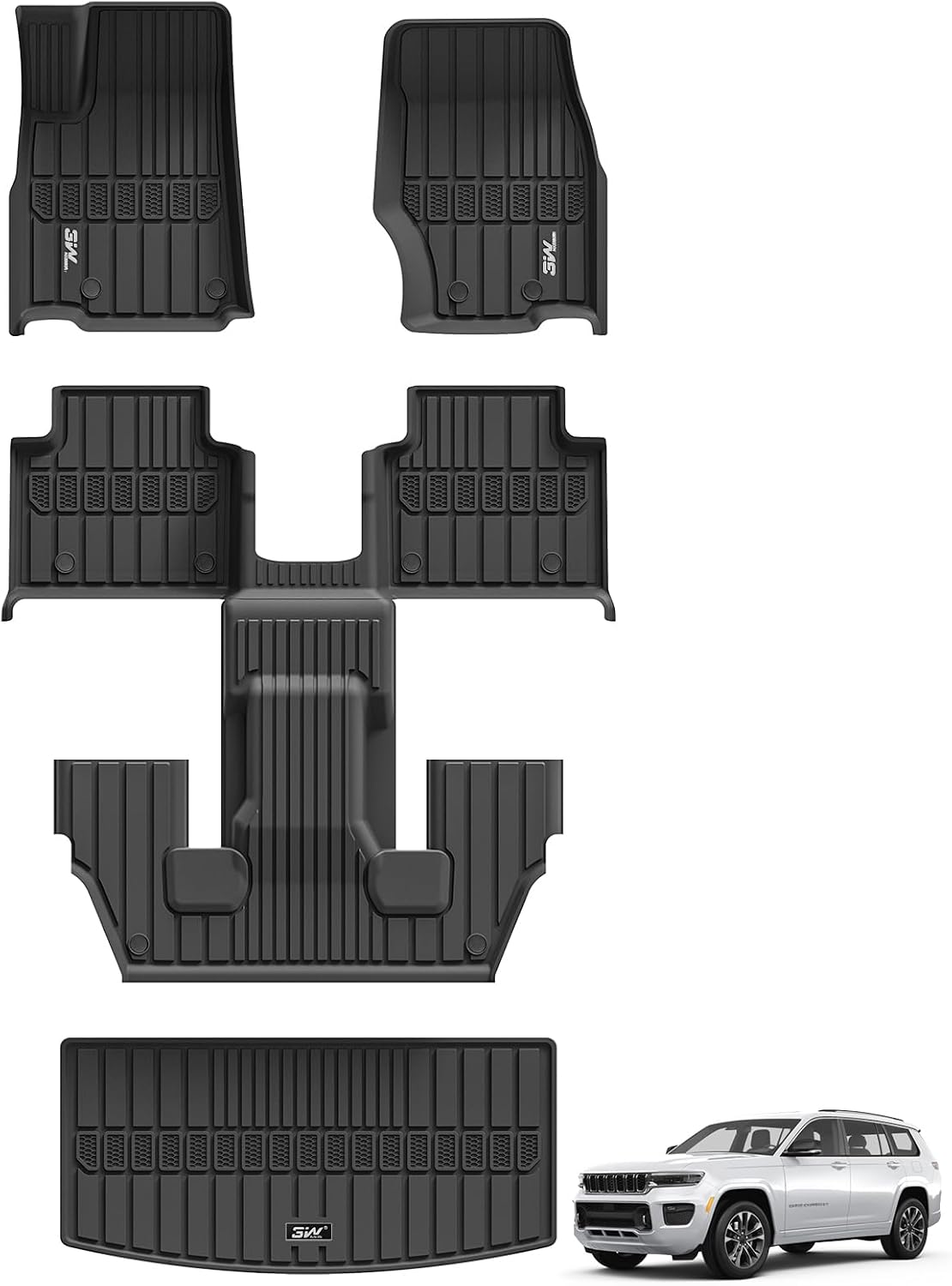3W Floor Mats & Cargo Liner Fit for Jeep Grand Cherokee L 2021-2025 2026 All Weather TPE Custom Fit Floor Liner for 1-3 Rows&Trunk (ONLY for 6-Passenger Without Center Console) Full Set Car Mats Black
