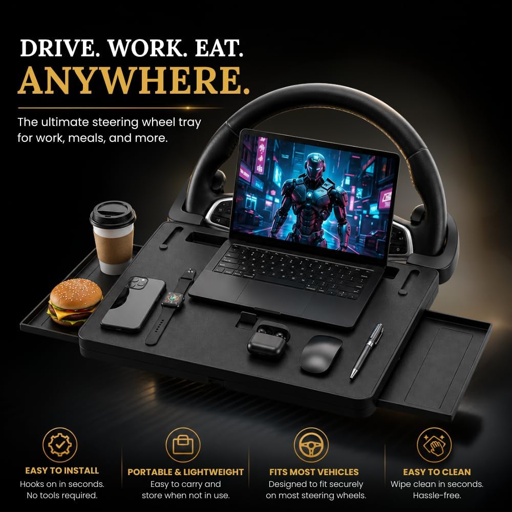 3-in-1 Steering Wheel Tray, Car Desk for Laptop, Food Tray for Eating & Work, Adjustable Car Table with Drawer & Anti-Slip Design, Multipurpose Travel Car Accessories