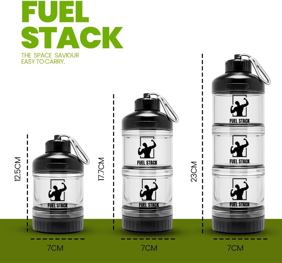 FuelStack Stackable Supplement Container (Black) – Portable Protein Powder Storage for Gym & Travel – Modular Twist-Lock Jars with Supplement Tray & Carabiner – Leakproof, BPA-Free