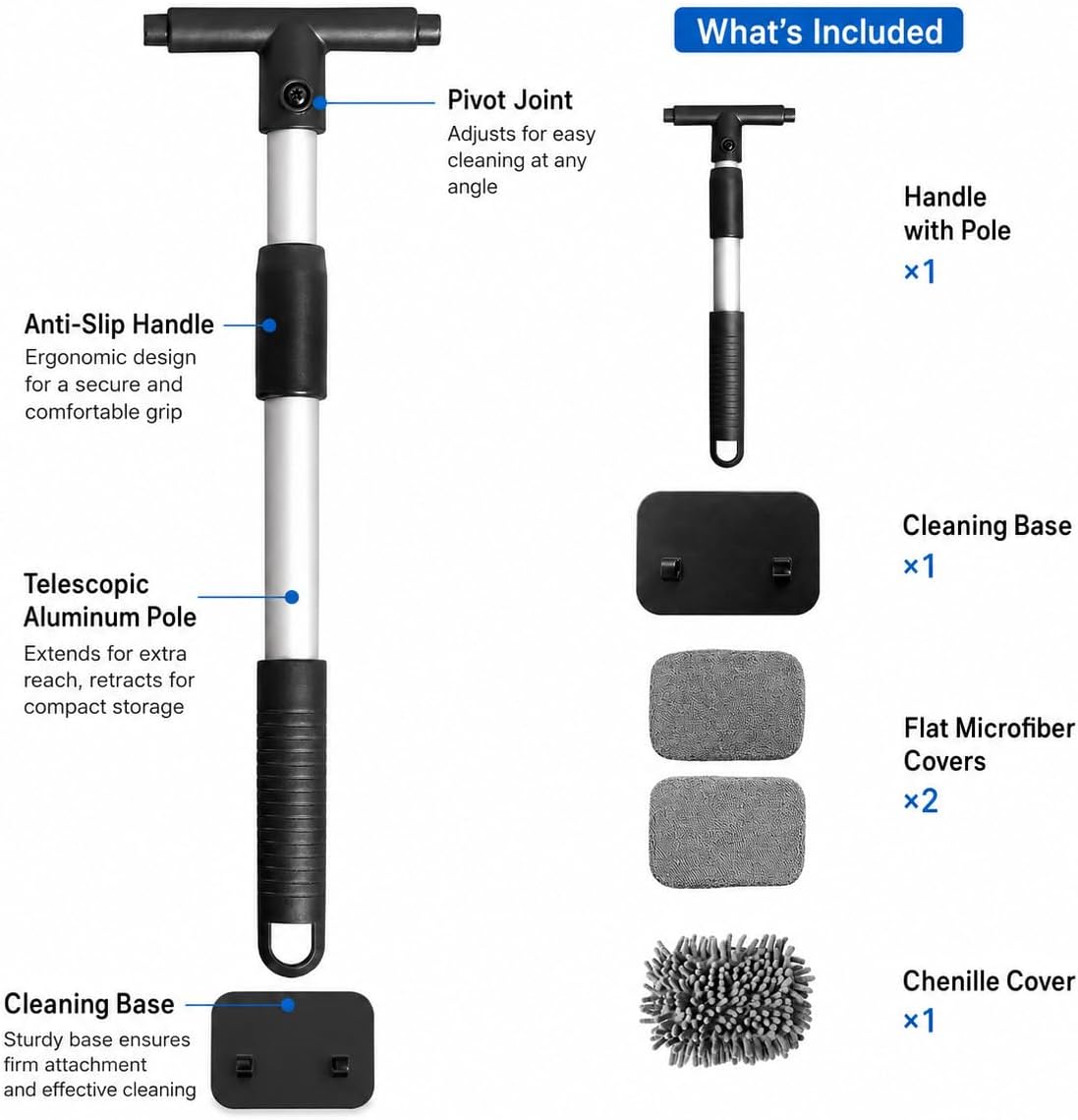 Windshield Cleaner Tool, Extendable Car Windshield Cleaning Tool with 180° Rotating Head, Interior Windshield Cleaner for Cars and Windows, 3 Washable Microfiber Covers
