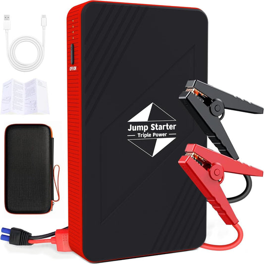 12V Lithium Portable Jump Starter, 1000A Rated / 5000A Peak for Gas and Diesel Engines, with Spark-Proof Reverse Polarity Protection, Jumper Cables, Power Bank, and LED Flashlight.
