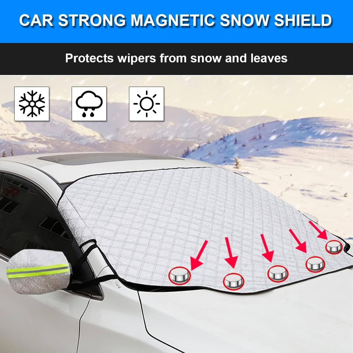 Car Windshield Snow Cover with 4 Layers Windproof Protection Defense Frost Sunlight, All Weather Winter & Summer Front Window Automotive Covers Sun & Snow-Shade for Most Cars Trucks Vans and SUVs