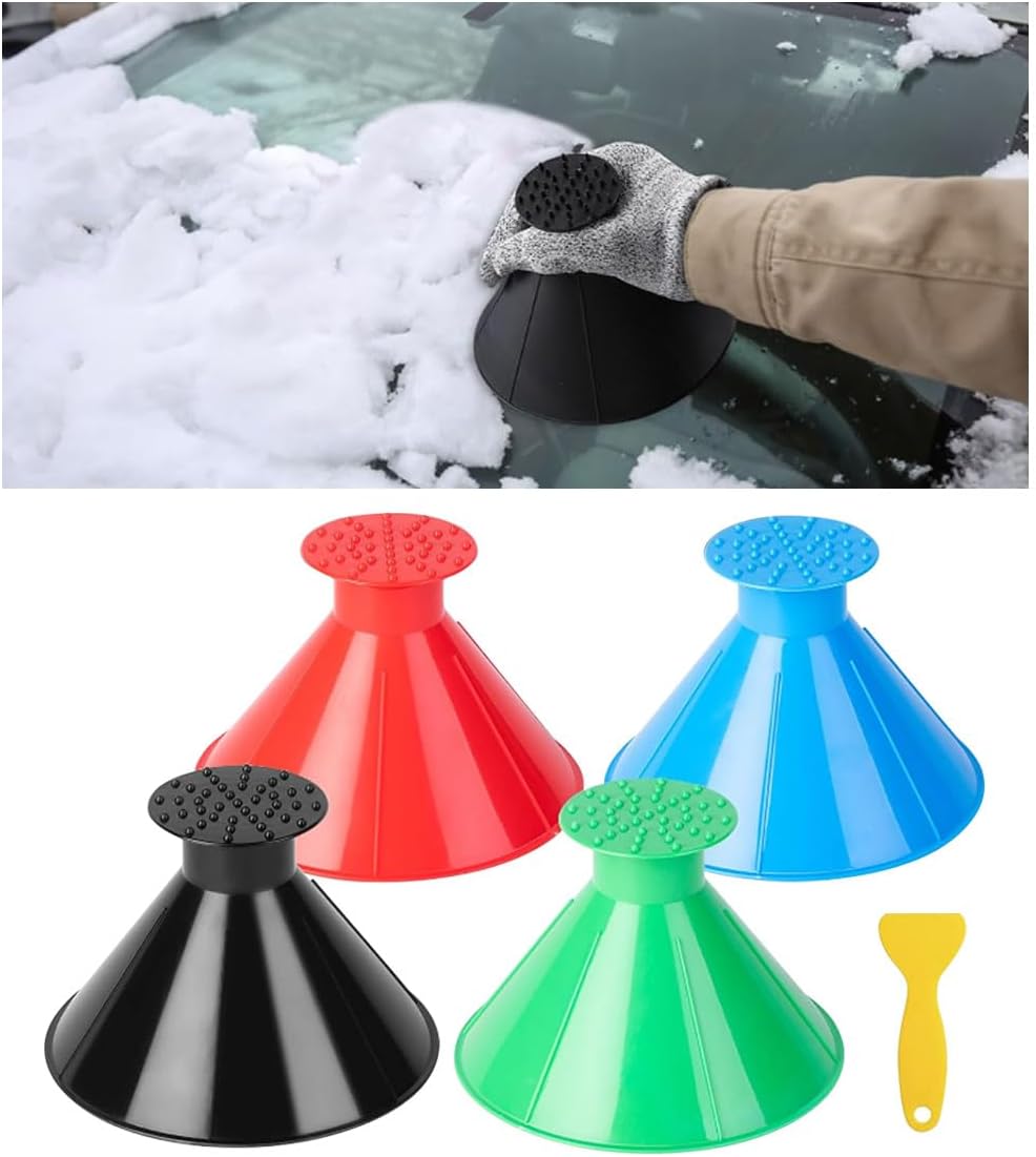 GLSOWEE 4PCS Magical Ice Scrapers for Car Windshield, Cone-Shaped Car Snow Remover with Funnel, Round Snow Scraper Car Snow Removal Shovel Tool, Frost Wipe Scraper Car Window Cleaner for Ice & Snow