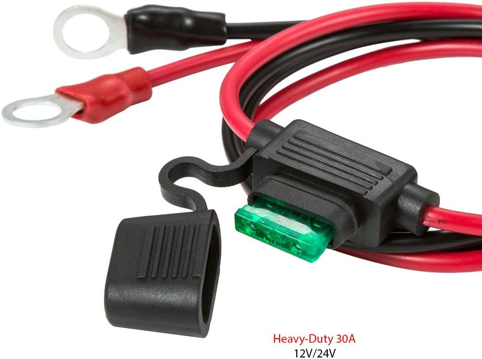Battery Alligator Clips Clamp Clip-on to 3/8" Ring Eyelet Terminal Boost Cable Heavy-Duty 30A Fuse 12V/24V 12AWG Cord 6Ft